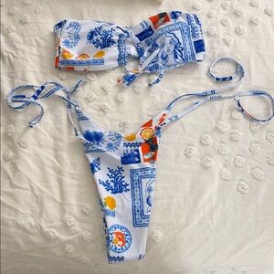 Source Unknown White Bikini with Blue and Orange Mediterranean Print